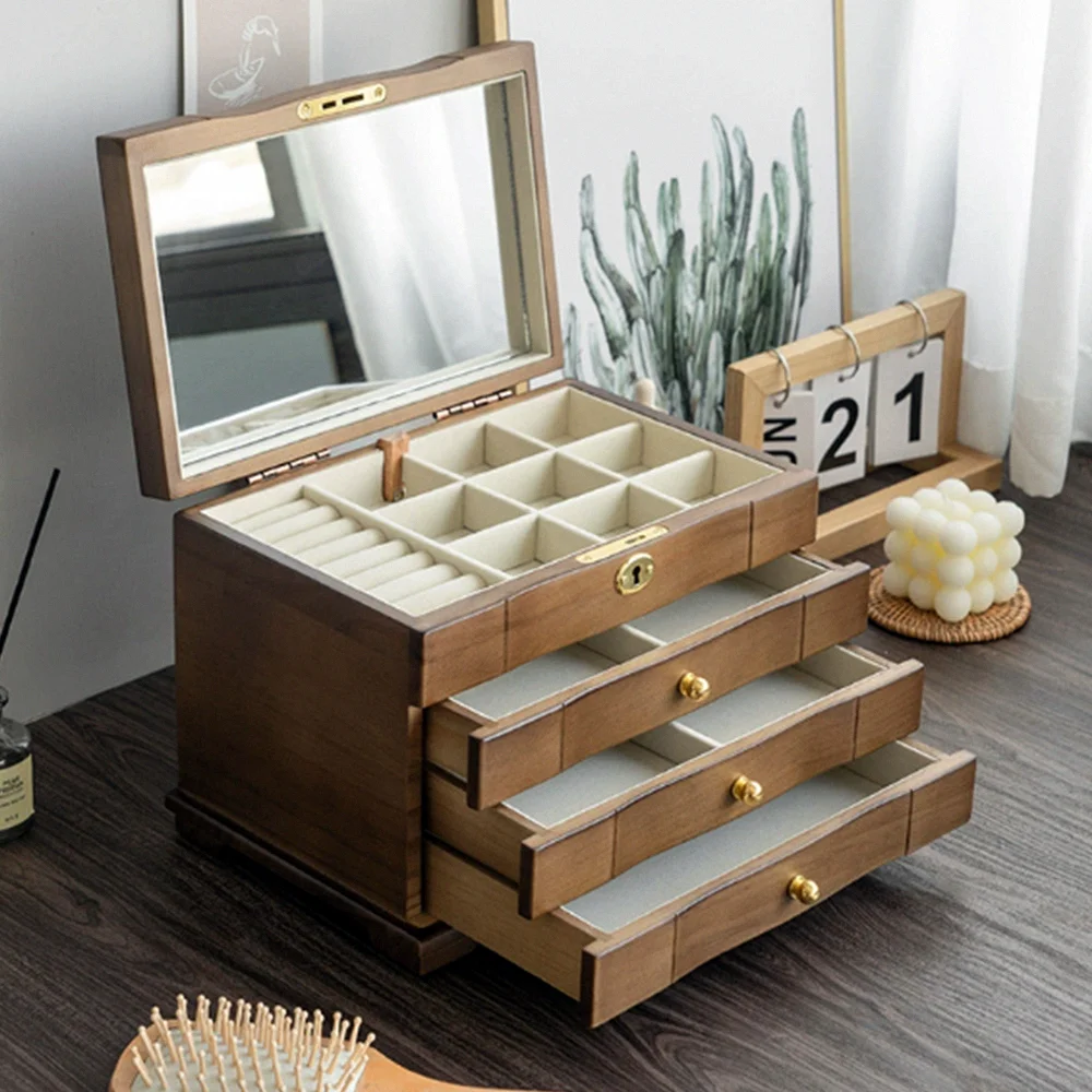 3 or 4 Layer Lockable Wood Jewelry Box with Mirror, Desktop Jewelry Wooden Cabinet with Drawer for Earrings, Rings, Necklaces