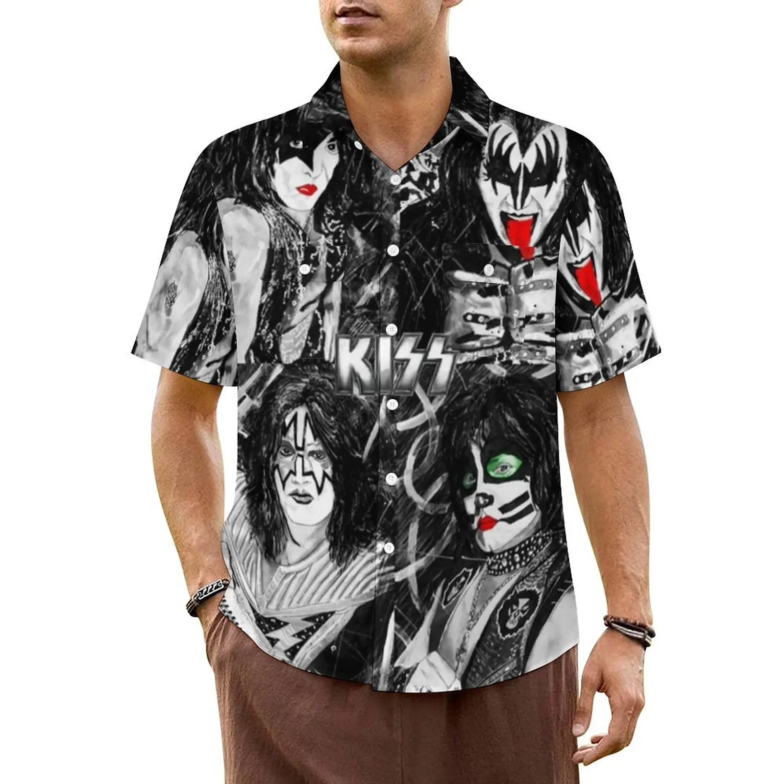 

Kiss Band Print Vacation Shirt Colour Splash with Logo Summer Casual Shirts Men Elegant Blouses Short Sleeve Streetwear Clothing