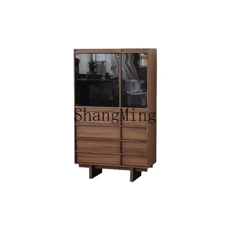 

LXY medieval wabi-sabi wind black walnut glass storage high cabinet living room integrated wall side display cabinet