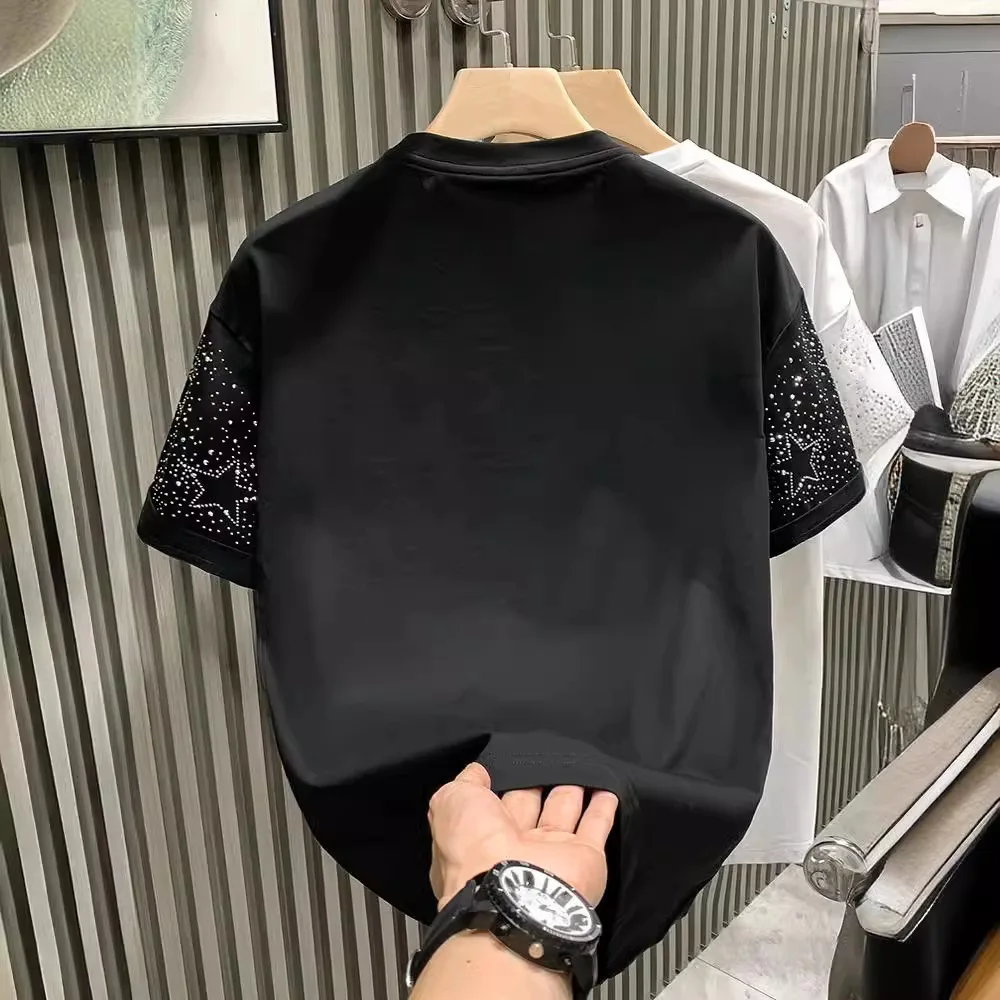 European Fashion Brand Luxury Men's Short Star Rhinestone Internet Celebrity Hot Item High-End Niche Half Sleeve T-Shirt
