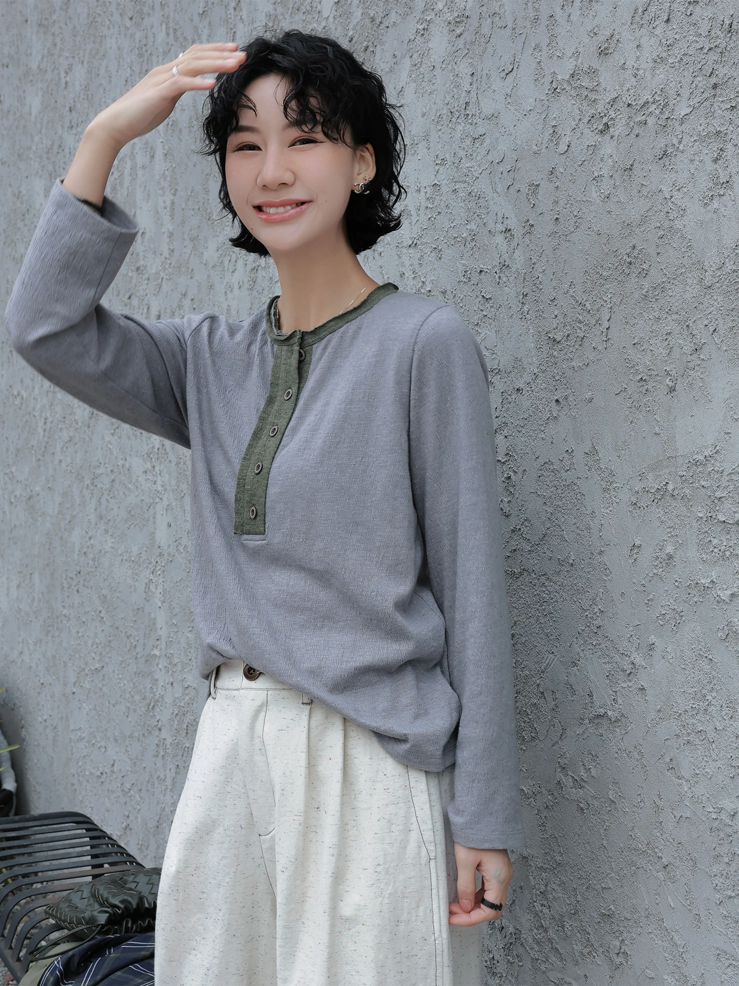 

TT Spring New Retro Color Block Long Sleeve Texture Cotton T-Shirt Women's Henry Collar Top Simple Style Commute Wear