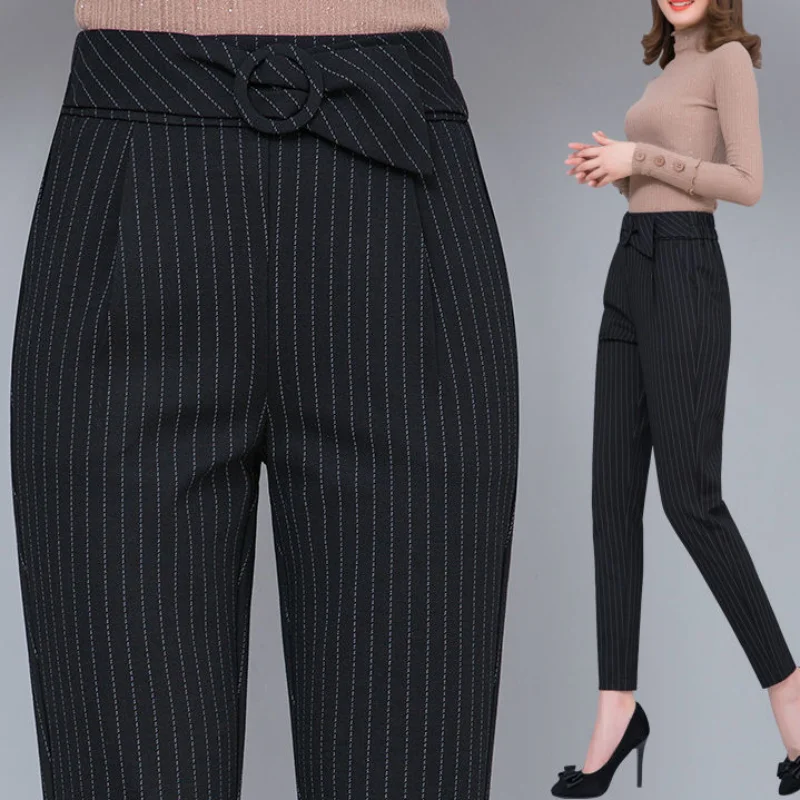 Office Lady Fashion Striped Pencil Suit Pants Koreon New Spring Autumn Streetwear Women Casual All-match Slim Straight Trousers