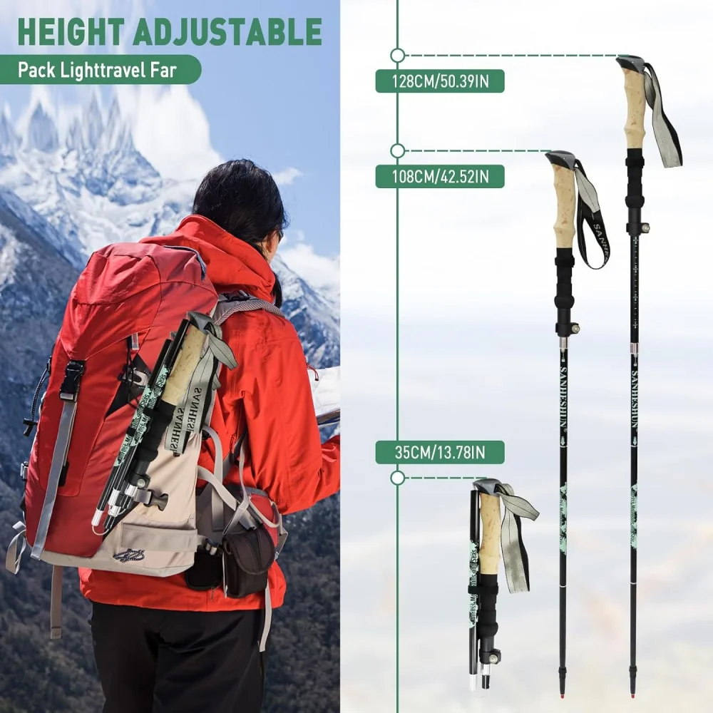 2er-Pack Faltbare Trail-Running-Stöcke aus Aluminium, Leichtgewichtig, Verstellbare Trekkingstöcke mit Antischock-Korkgriff für Nordic Walking und Wandern – Detail 2
