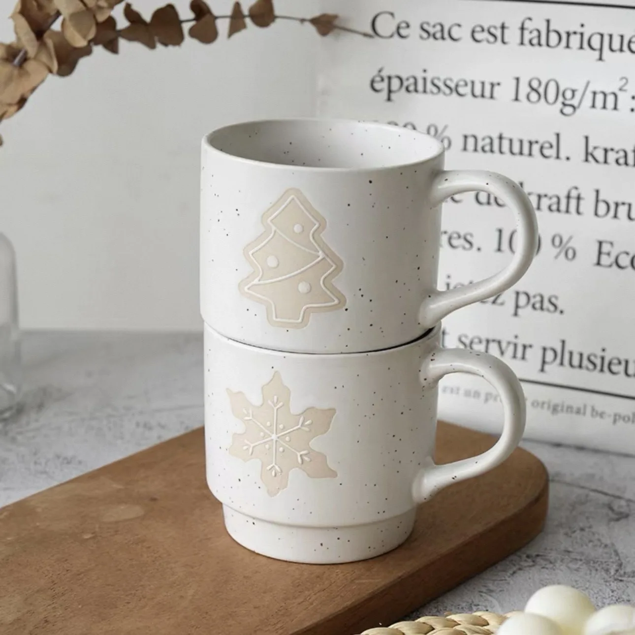

Christmas Quilt-pattern Stackable Mugs Ceramic Cups for Home Use, Textured and High-value Gift Creative Designerly Breakfast Mug