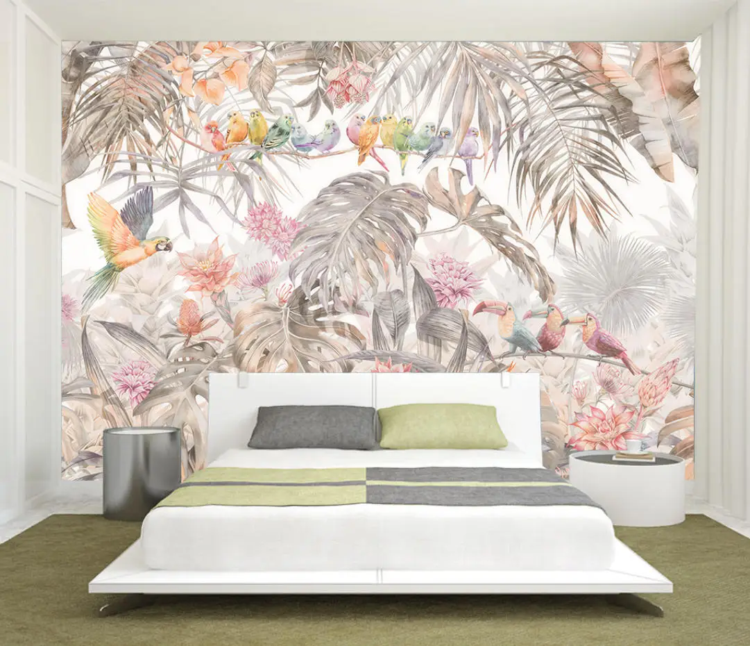 Custom Mural Southeast Asia Leaves Flowers and Birds Wallpaper Home Decor Rainforest Plants Parrot Wall Stickers 3D Wallpaper