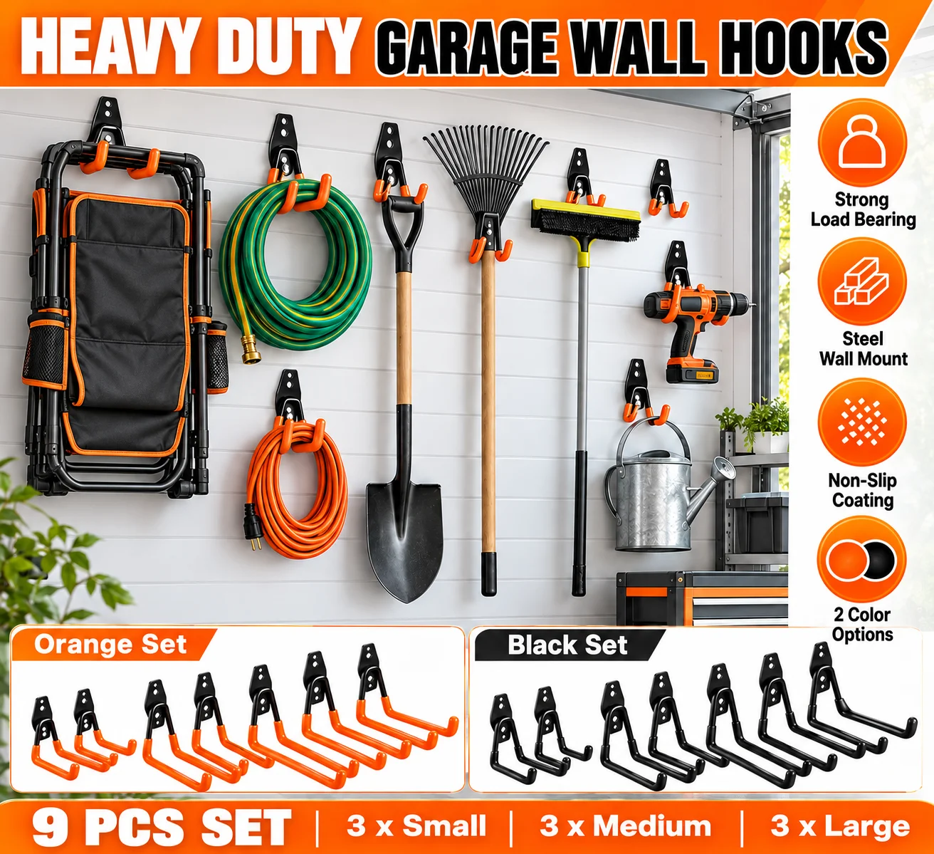 9PCS Heavy Duty Garage Wall Hooks 3 Sizes Steel U Hooks Non Slip Storage Hangers for Ladder Bike Tools Hose Black Orange