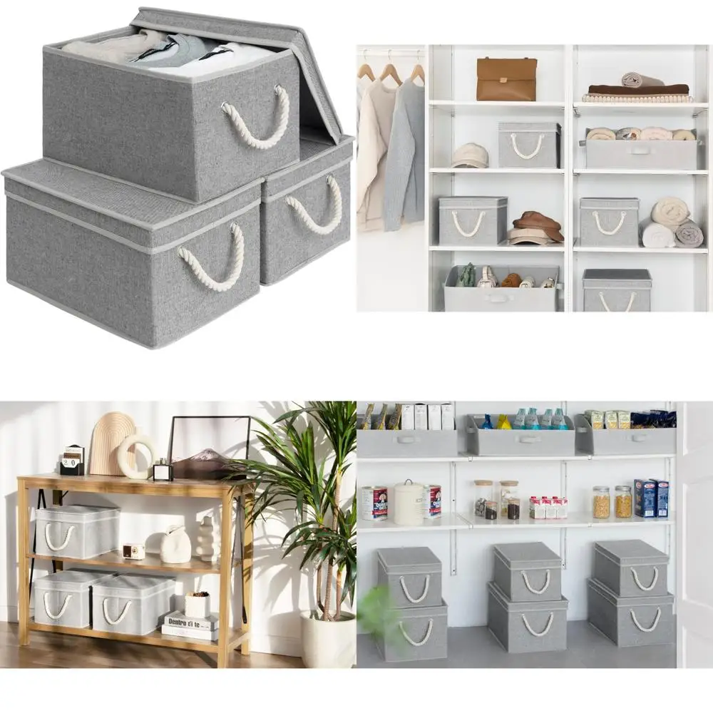 

Collapsible Decorative Storage Bins with Lids and Soft Rope Handles for Home Organization