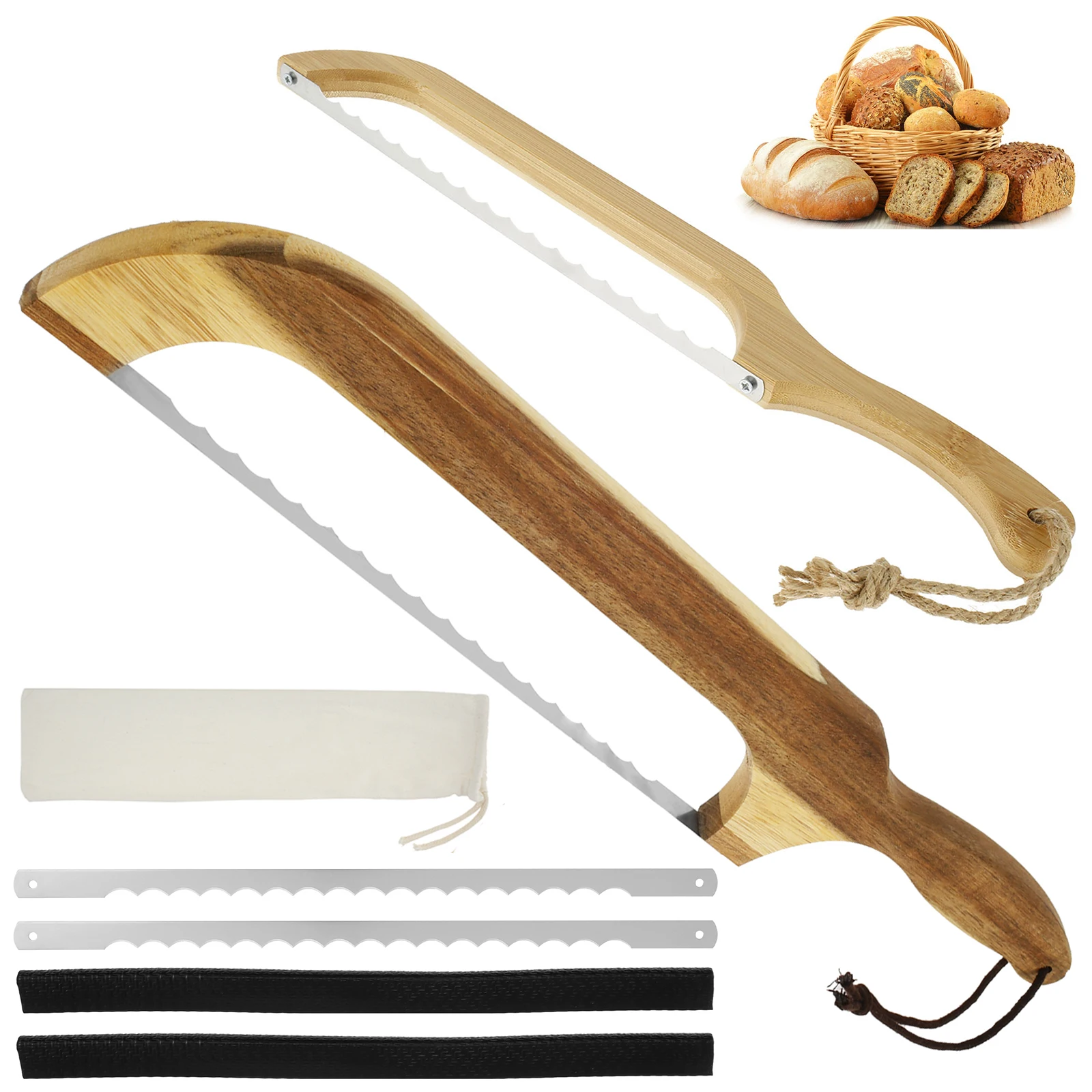 Wooden Bread Knife Saw Toast Bread Cutting Utensils Baguette Cutter Stainless Steel Bread Bow Slicer Loaf Slicing Baking Tools