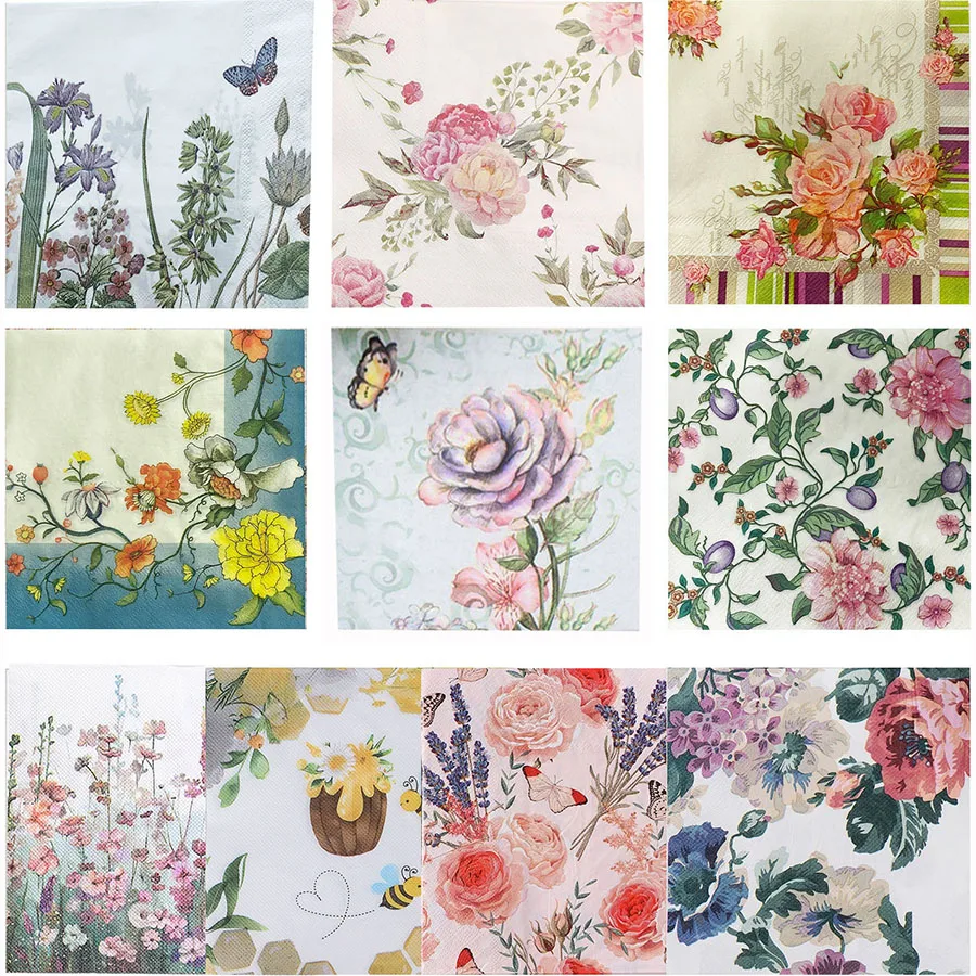 Serviettes en papier vintage à motifs floraux, 20 pièces, motif papillon et abeille, jetables, pour mariage, jardin, découpage, artisanat, décoration de table