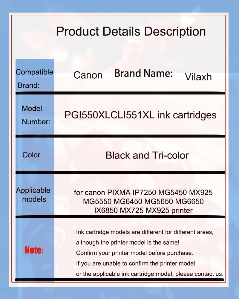 Vliaxh PGI550 CLI551 PGI 550 CLI 551 Ink Cartridges For Canon Pixma MG 5450 5550 6350 6450 7150 8750 IP 7250 MX 925 725