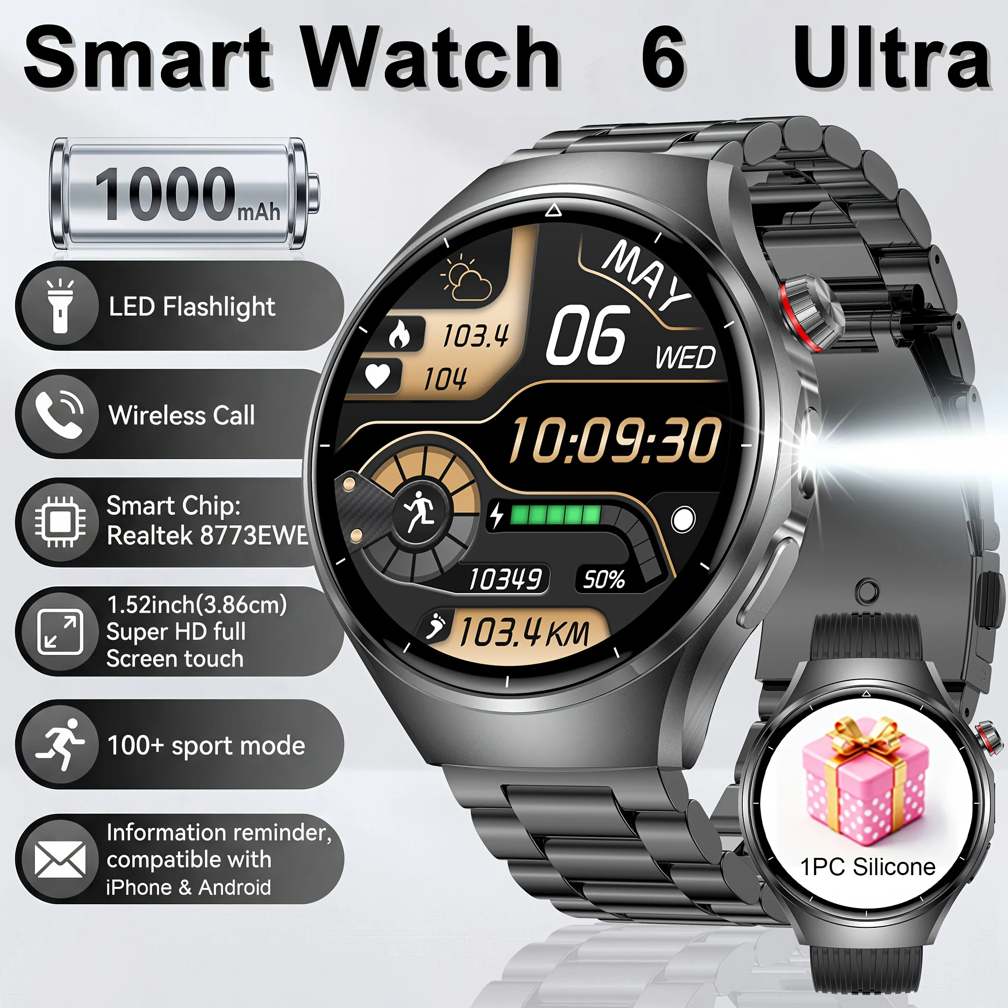 

New Men's Smart Watch ,Health Monitor ,Bluetooth Call ,1000mAh Battery large battery,LED Flashlight ,100+Sport Mode Smart Watch