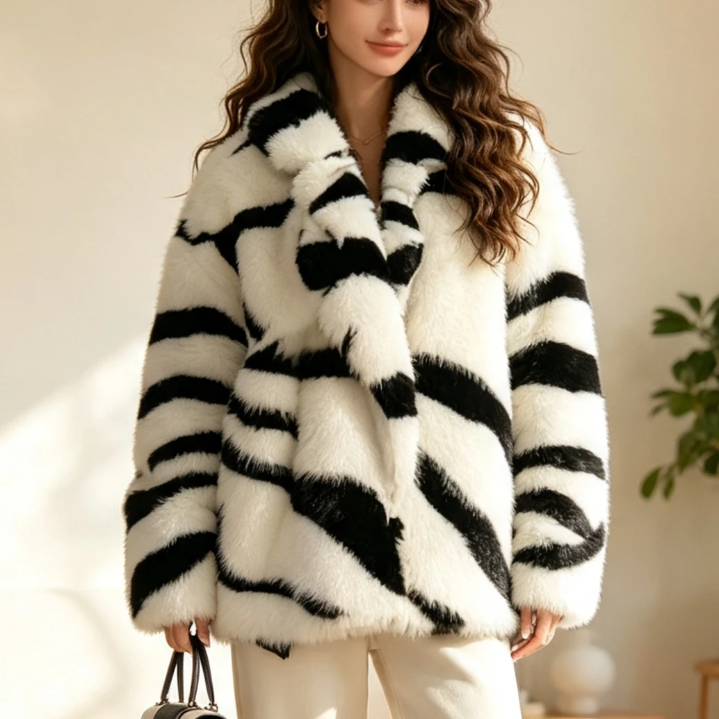 Women Zebra Print Faux Fur Coats Mid Lenth Fleece Jackets Turn Down Collar Jacket Coat Thick Straight Casual 2026 Autumn Winter
