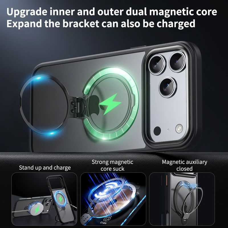 Funda con soporte de anillo magnético doble para iPhone 17 Pro Max, cubierta mate de aire, soporte de rotación de 360 grados para protección fuerte Magsafe