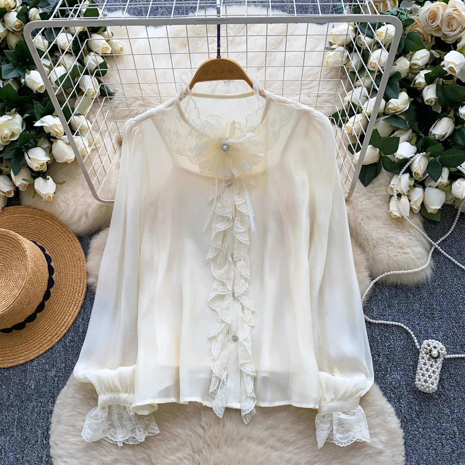 

Элегантный сексуальный шифоновый кружевной сетчатый топ на пуговицах с длинными рукавами, женский корейский модный осенний уличный топ