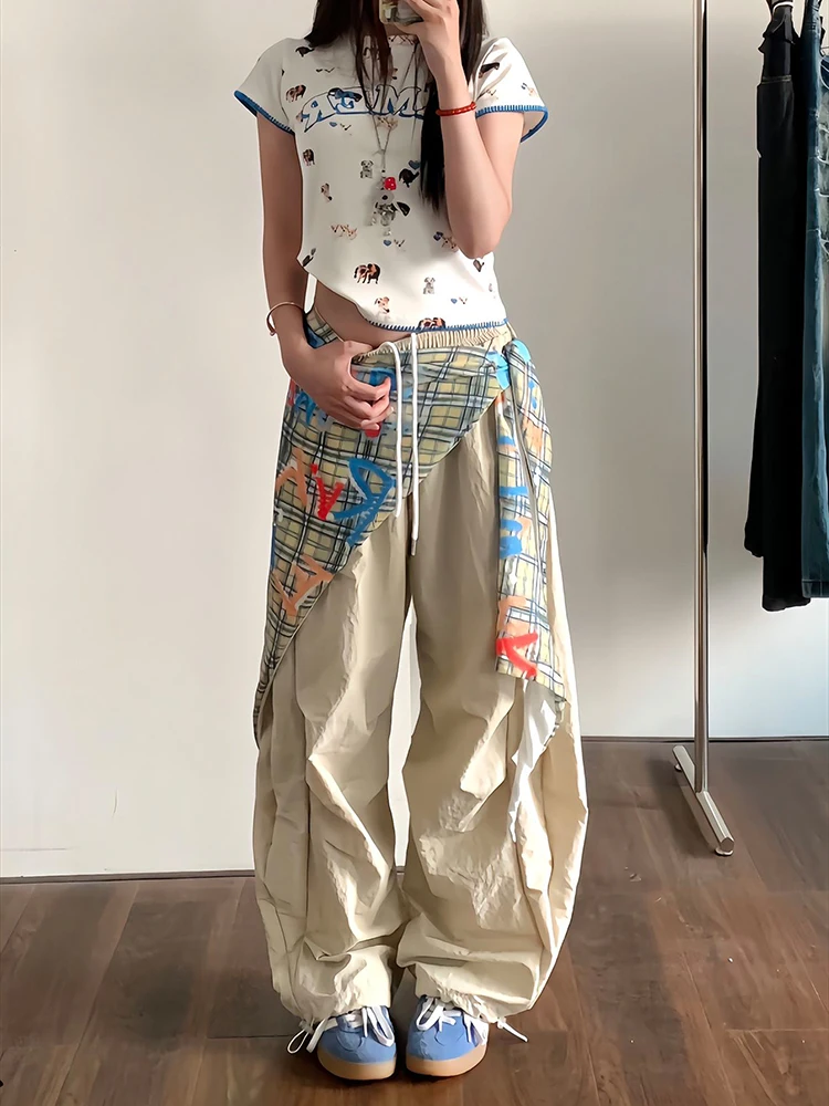 Y2K-ropa de calle para mujer, pantalones Cargo holgados de cintura alta con retales, pantalones de paracaídas Bf Hip Hop, pantalones de chándal de baile de Jazz con cinta que combinan con todo