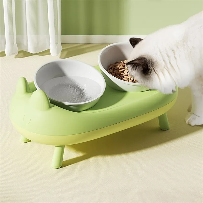 Cute Cat Shape Water Bowl Non-Slip Double Ceramic Pet Dog Food Dish Volume Large High Bracket Foldable Feeder Accessories