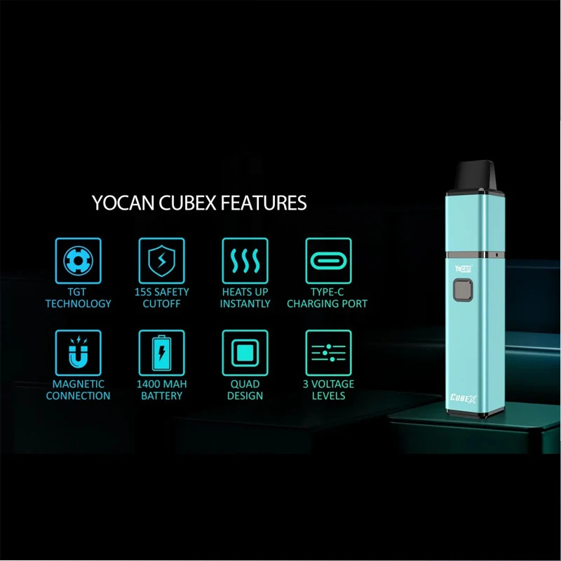 Original Yocan Cubex ชุด Vape 1400mAh แบตเตอรี่ TGT Coil Tech 3 ระดับแรงดันไฟฟ้า Type-C พอร์ตอิเล็กทรอนิกส์บุหรี่ Vaporizer ปากกา Vape