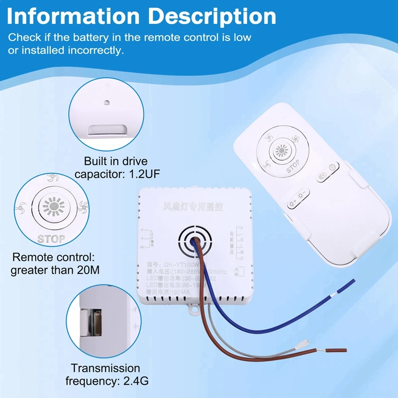 Plafonnier avec Ventilateur de Plafond Télécommandé de 100W, Contrôleur de Réception, Accessoires d'Éclairage 30-50W X 2