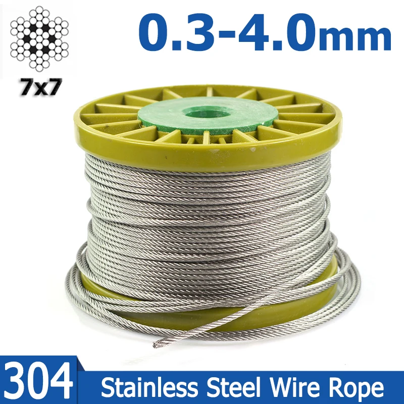 10M Diaeter 1.0-4.0mm 7X7 Structure 304 Stainless Steel Wire Rope Alambre Cable Softer Fishing Lifting Cable Bearing 12-4200KG