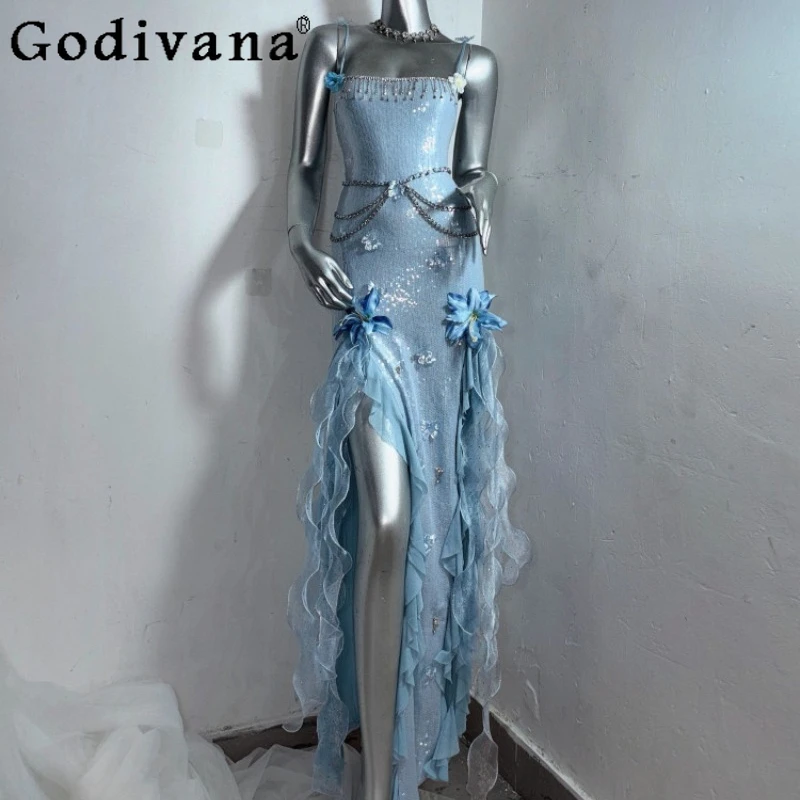 

Tassel Fairy Slit Long Dress for Ladies Japanese Style Original Blue Gown Dress Women's High Waist Slimming Dress with Necklace