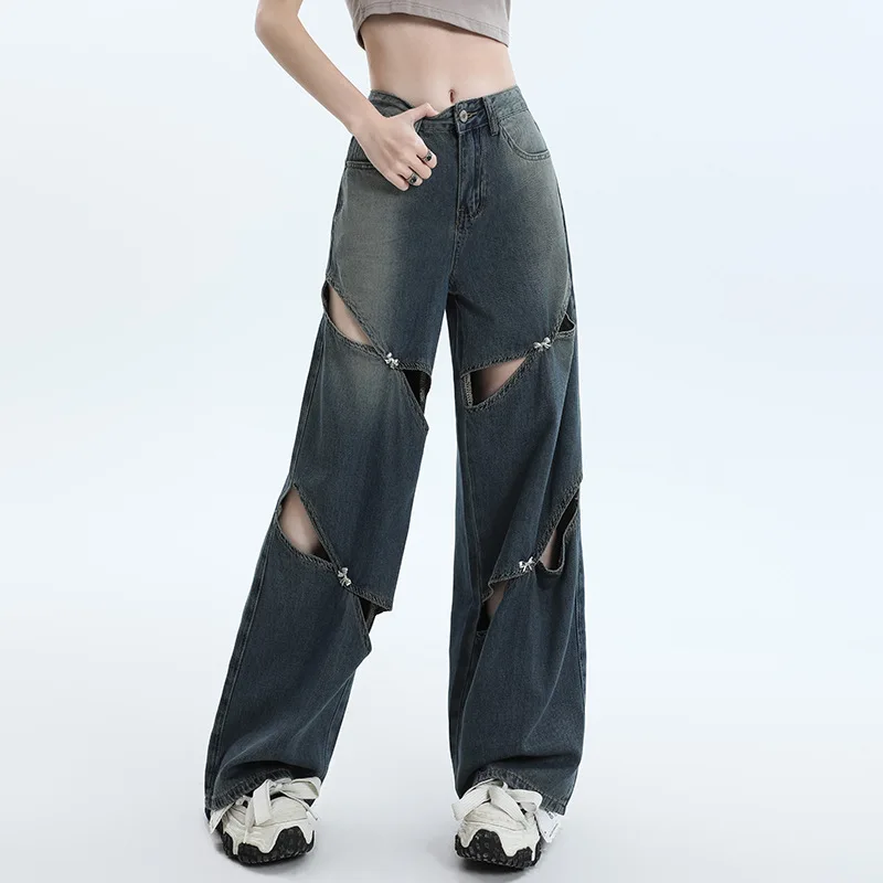 

American Vintage Slouchy Wide Leg Ripped Jeans for Women Y2k Boyfriend High Waisted Straight Denim Pants Fashion Gothic Trousers