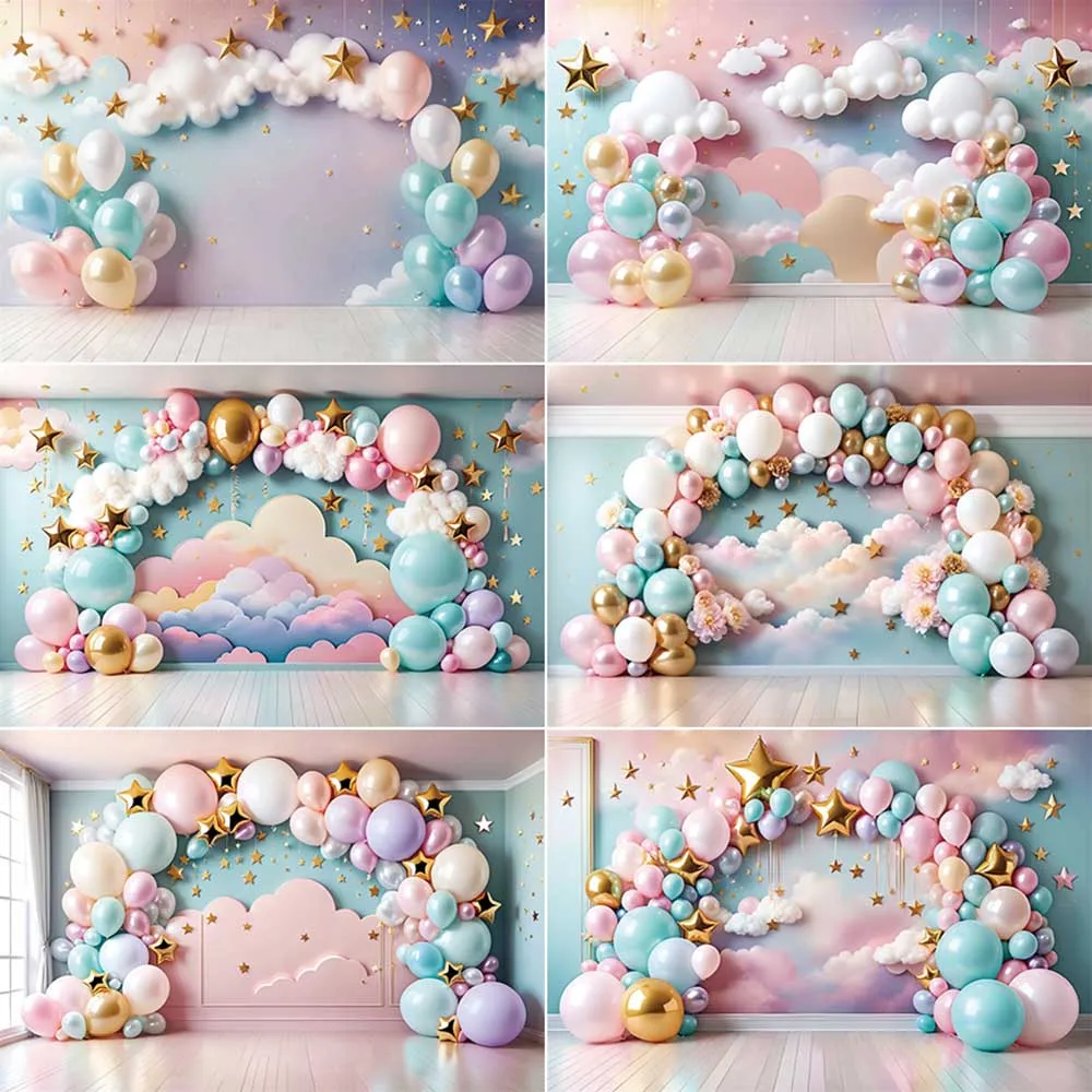 

MOON.QG Gold Pink Balloon Arch Backdrops Child First One Birthday Photocall Background Photography Star Cloud Studio Photo Props