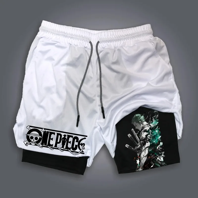 One Piece Sommer Neue Doppelschicht-Shorts für Herren und Damen, atmungsaktiv, schweißableitend, 2-in-1, Anime-bedruckt, Harajuku-Sport-Shorts