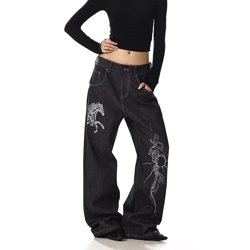 Women's Fashion Print Punk Jeans Unisex Street Sweatpants Y2k Retro Girls Casual Wide Leg Bottoms Female High Waist Trousers