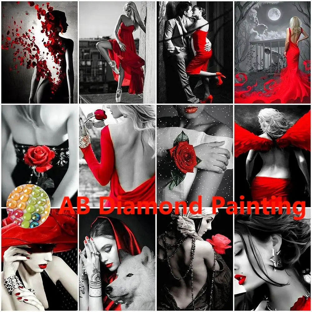 

Живопись AB полностью Квадратный бриллиант, 5D, черная, Красная Женская фотография, Новое поступление, мозаика, Декор для дома