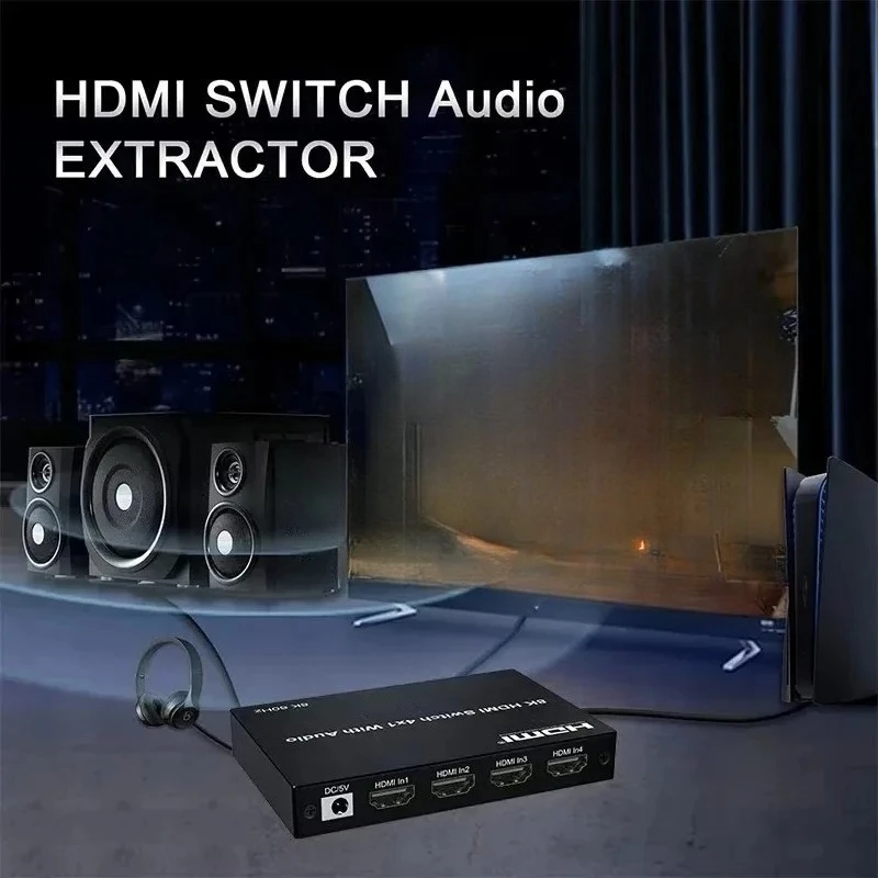 8K 60Hz HD Switch 4 in 1 out with eARC Audio Extractor 4K 120Hz HD Switcher to ARC SPDIF+Coaxial+3.5mm Audio out 48Gbps HDR
