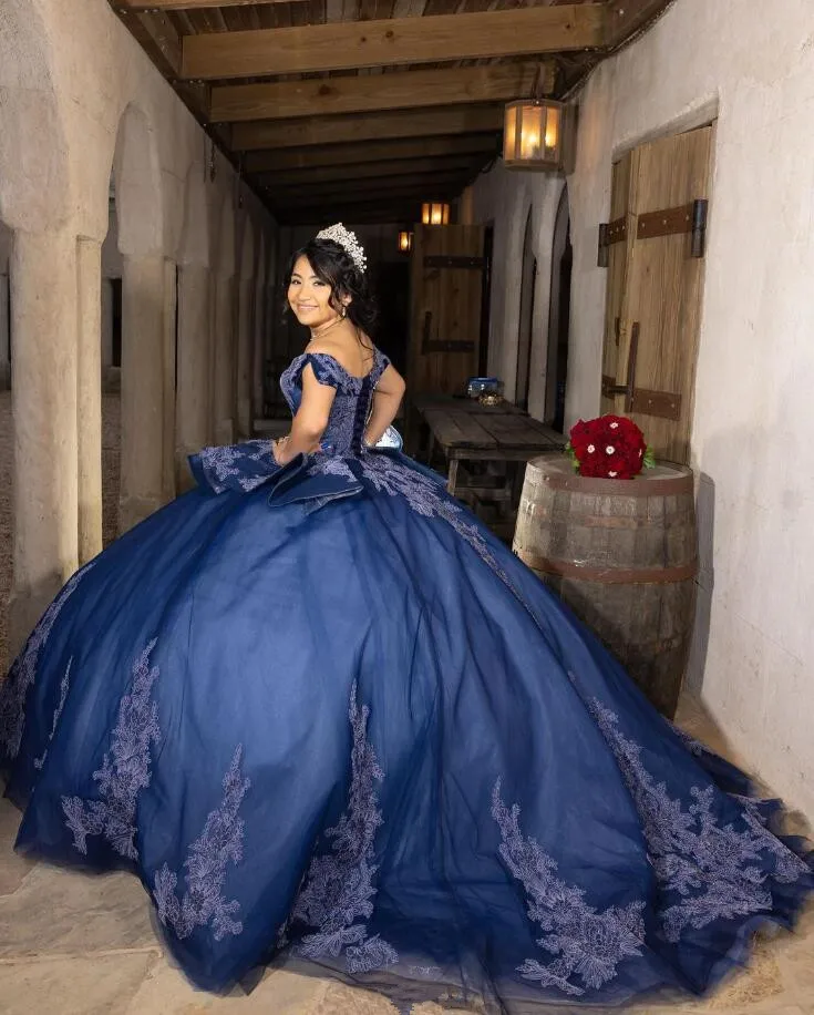 Azul Royal Princesa Quinceanera vestido de ombro, Espartilho com saia inchado, Vestidos de apliques, 15 anos, 2024 l