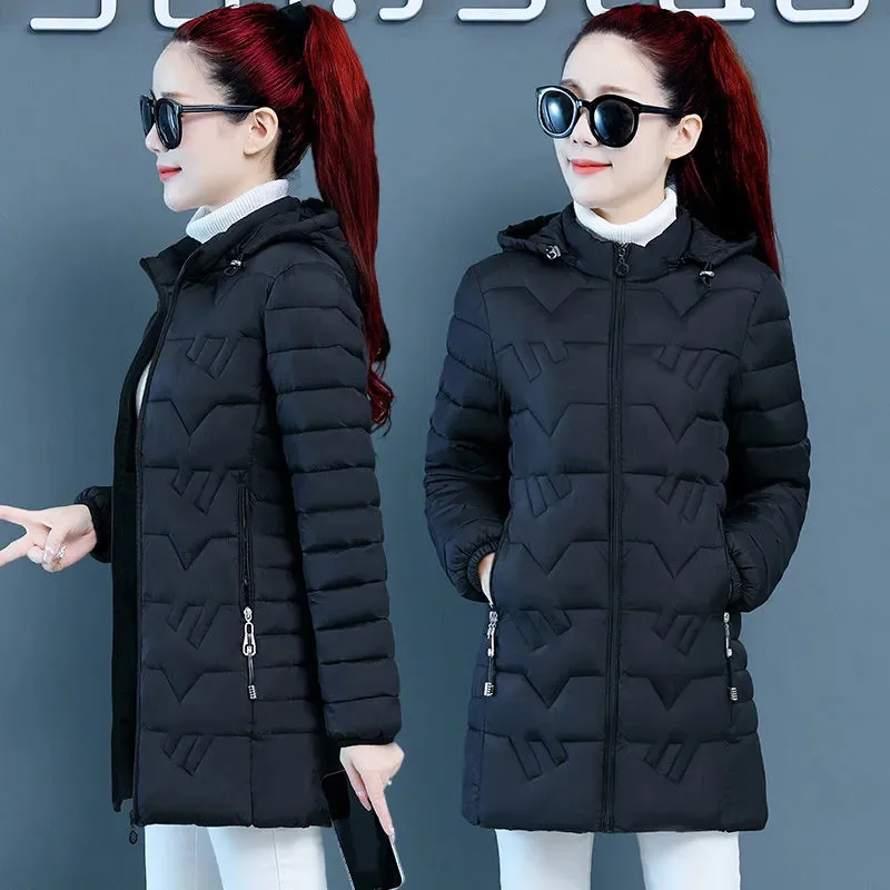Women, Medium To Long Length, Cotton Jacket 2024 Winter New Sim And Stylish, Mother\'s Down Cotton Jacket Female Warm Cardigan