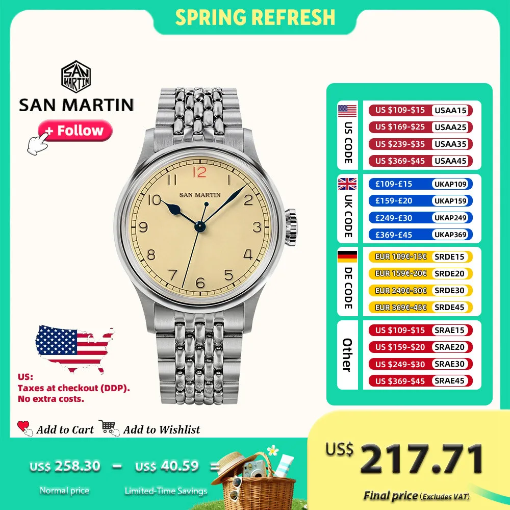 

San Martin 38.5mm Male Watch Vintage Pilot Stainless Steel NH35 Simple Automatic Mechanical Watch for Men Sapphire 10Bar SN0105