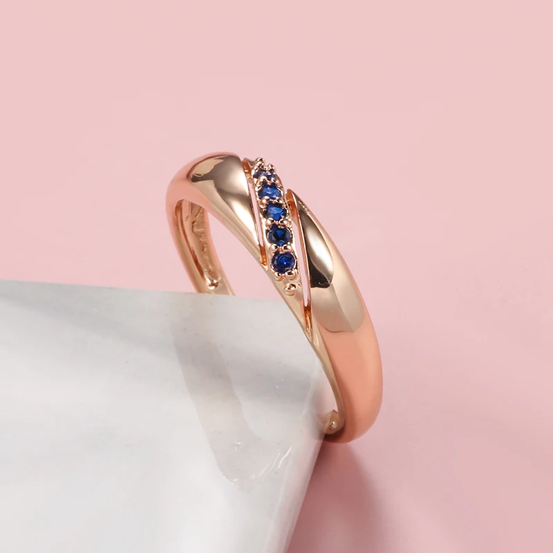 Minimalist Twill Blue Zircon 585 Rose Gold Color Fashion Rings Women Vintage Geometric Jewelry Ethnic Stackable Simple Rings