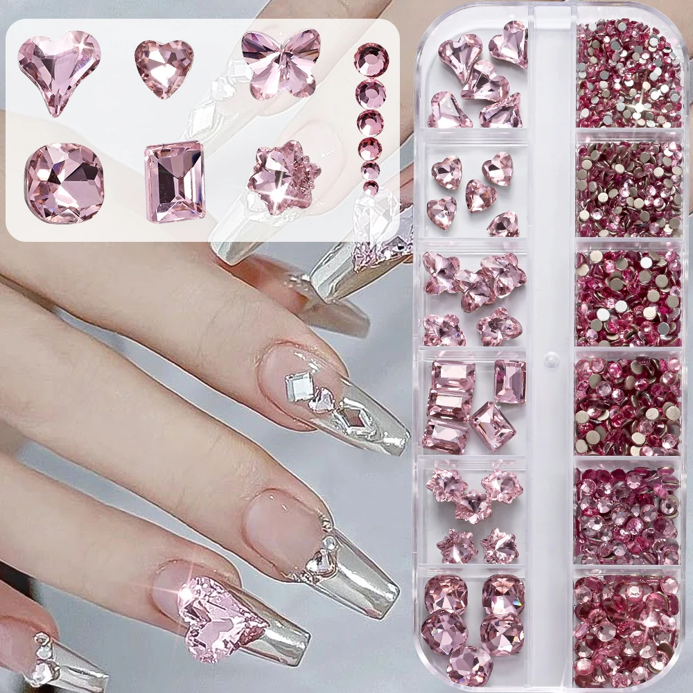 12Grid Multi-shape 3D Pink Crystal Nail Rhinestones Flatback Diamond Luxury Glass Stone Round Bead Gems DIY Manicure Decoration