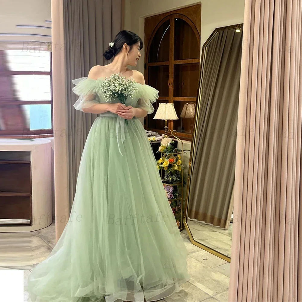 Bafftafe Tulle Korea Prom Dresses Customized Ruffles Straps Corset 프롬드레스 Short Sleeves Women Formal Party Wedding Photo Gowns