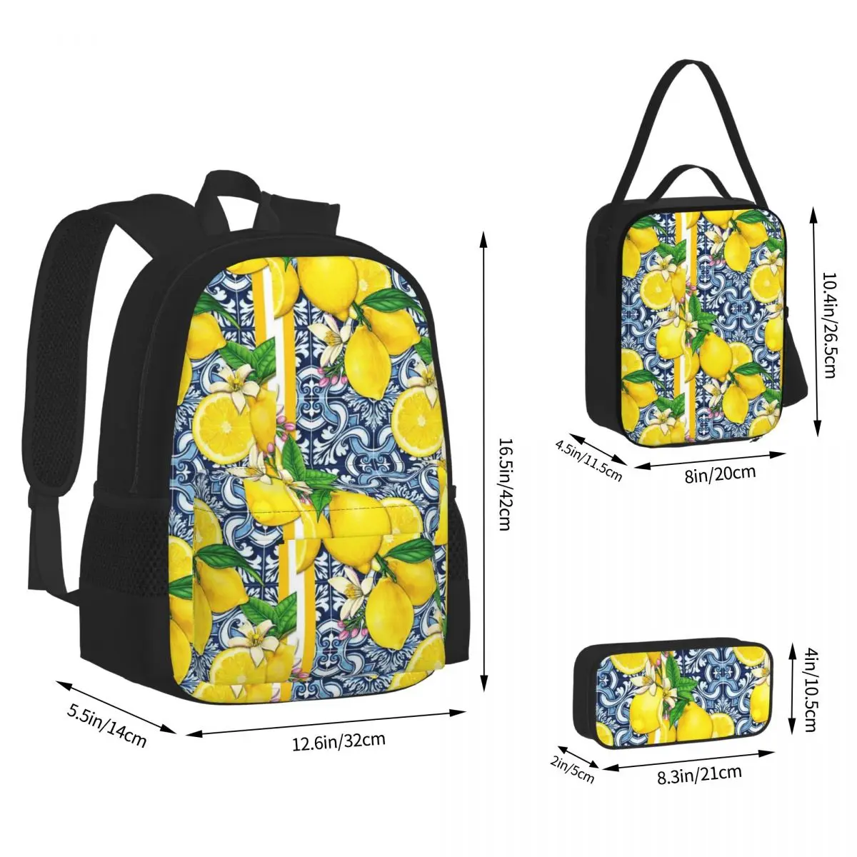 Lemon Sorrento Style Tile Pillow Backpacks Students Bookbag School Bags Children Rucksack Lunch Bag Pen Bag Three-Piece Set