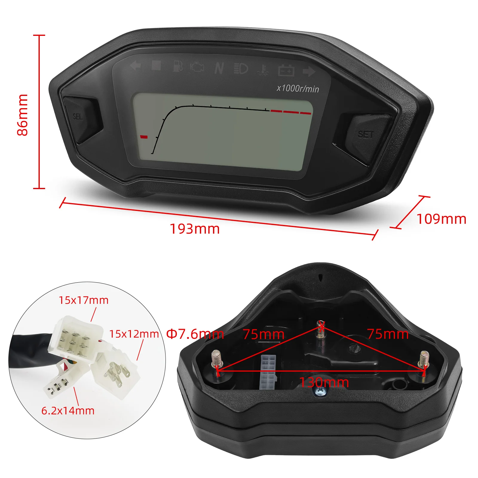 2023 Motorcycle LCD Display Speedometer Odometer Tachometer 10000rpm with 7 Colors Backlight Moto Dashboard for 1 2 4 Cylinder