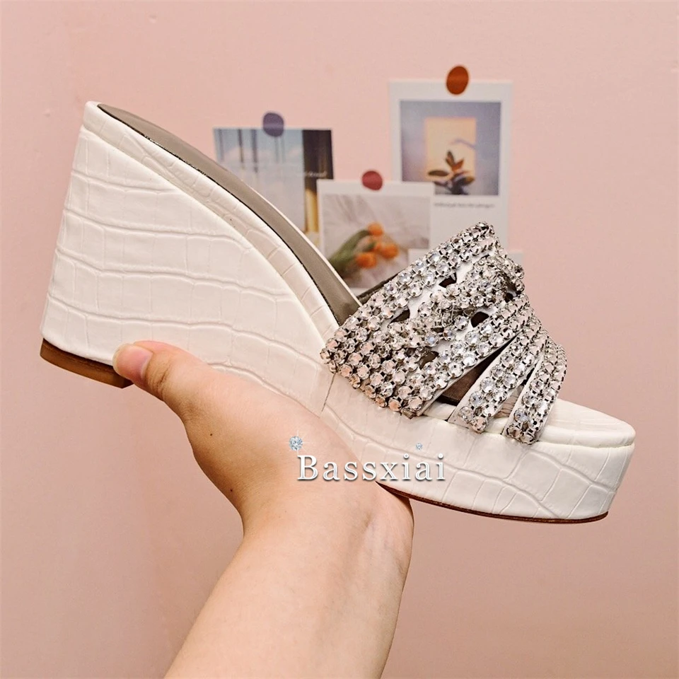 Genuine Leather Wedges Lazyman Mules Lady Sexy Open Toe Crystal Rhinestone High Plarform Slingbacks Summer Sandals Women