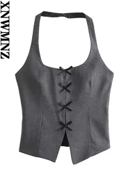 XNWMNZ Women's Fashion 2024 Bow Halter Top Women High Street O Neckline Backless Female Versatile Top