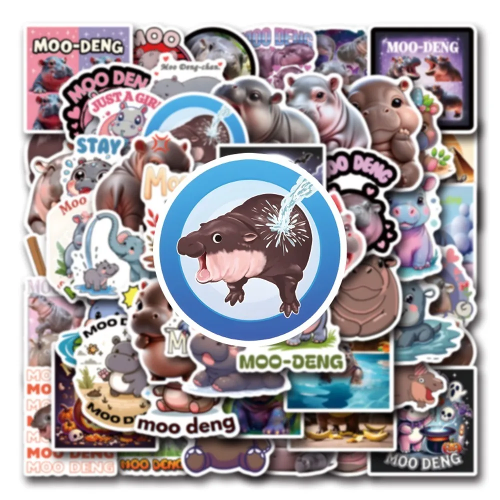 

50PCS Moo Deng Stickers Kawaii Cartoon Animal Sticker Scrapbook Luggage Laptop Guitar Decor Baby Hippo Hippopotamus Stickers