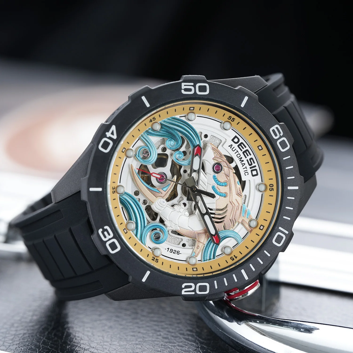 Deesio Luxury Men's Automatic Mechanical Watch |Upgrade Carbon Fiber Case Lightweight + 3D Relief Dial, Luminous Hands & 100M/10ATM Waterproof | Silicone Strap | Casual Sport to Business Fashion | Unique Skeleton Design, Perfect Gift for Him/Boyfriend view 4