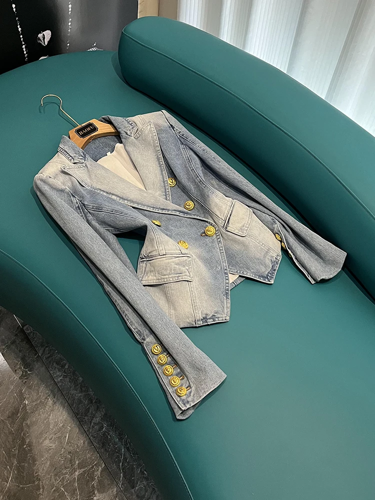 

Женский деловой пиджак Slim Fit с двубортной застежкой, пуговицами в виде львов, из денима, с длинными рукавами, для повседневной носки, зимняя коллекция