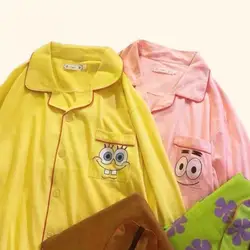 Spongebob Long Sleeved Pajamas Sets Cute Cartoon Couple Nightwear Suit 2 Piece Set Soft Cotton Spring Autumn Man Women Clothes