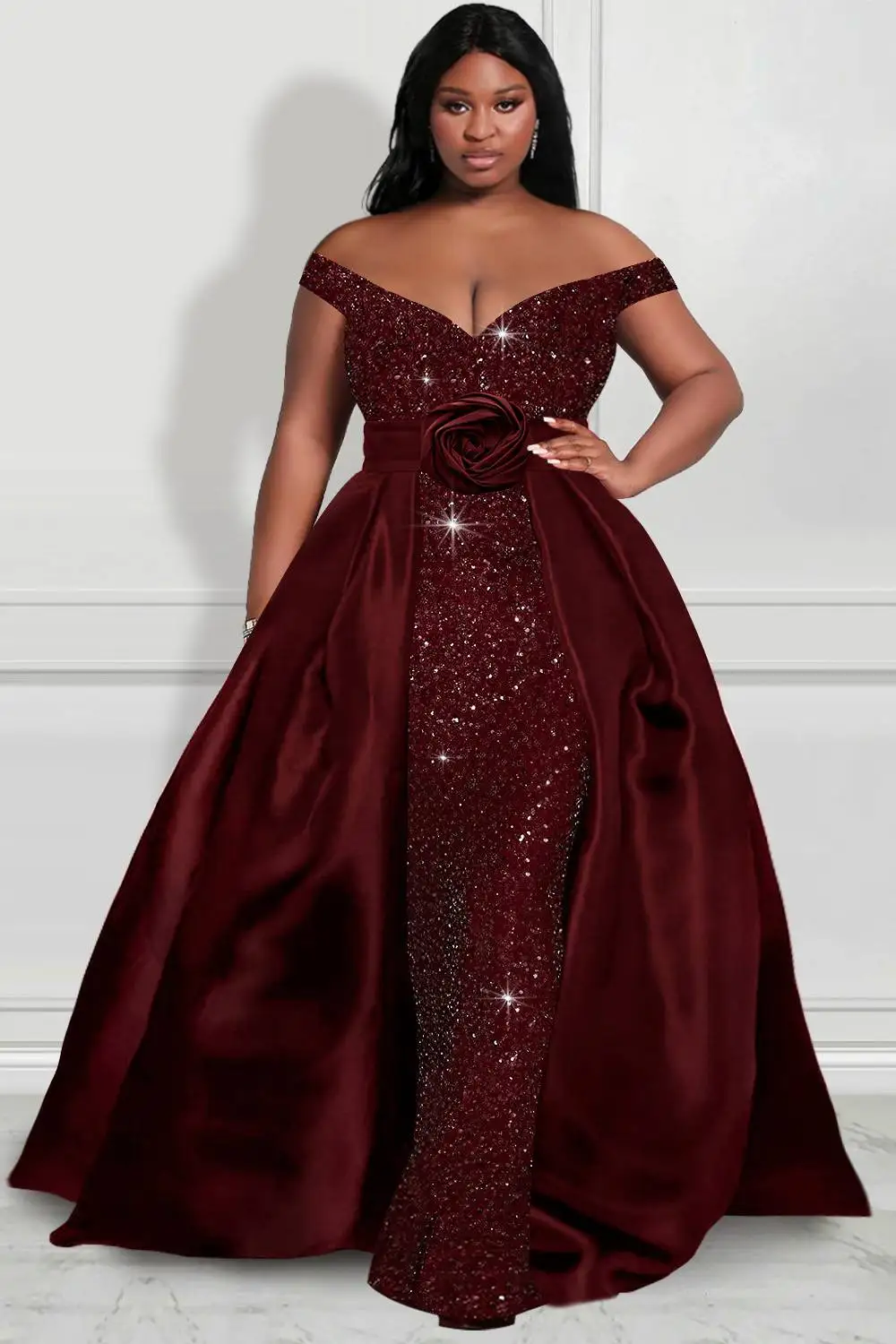 

Plus Size Formal Satin Burgundy Off The Shoulder Detachable Overskirt Backless Sequin Maxi Dresses