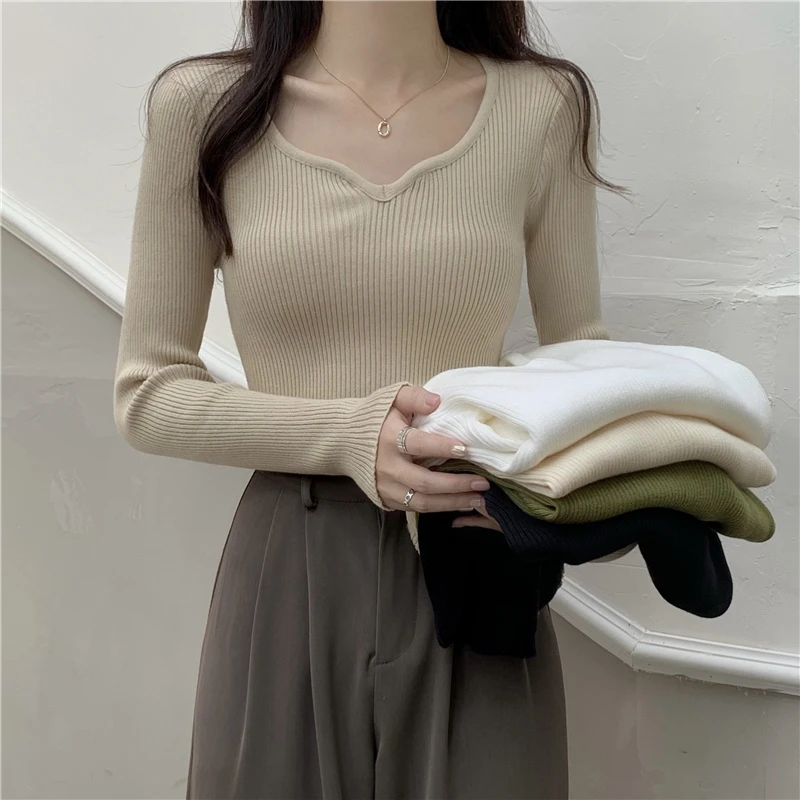 

Autumn Winter Basic Bottoming Sweater crop Tops Women V-Neck Elastic Knitted Pullover Solid casual Slim button Jumper Sweaters