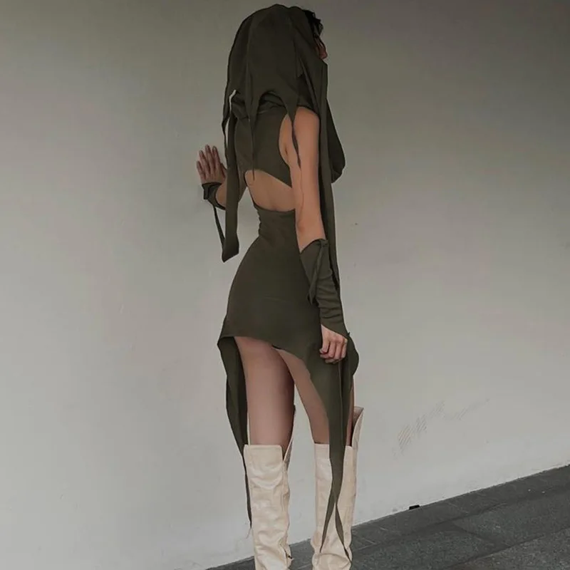 Dune Wasteland Style Design with Hollow Out Dress European and American Hooded Ribbon Wrapped Hip Skirt New Short Skirt Dress