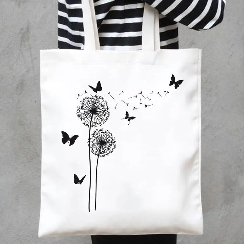 Print Canvas Bags Shopper Handbags Shoulder Casual Shopping Plant Butterfly Trend Cute 90s Girls Women Fashion Tote Bag