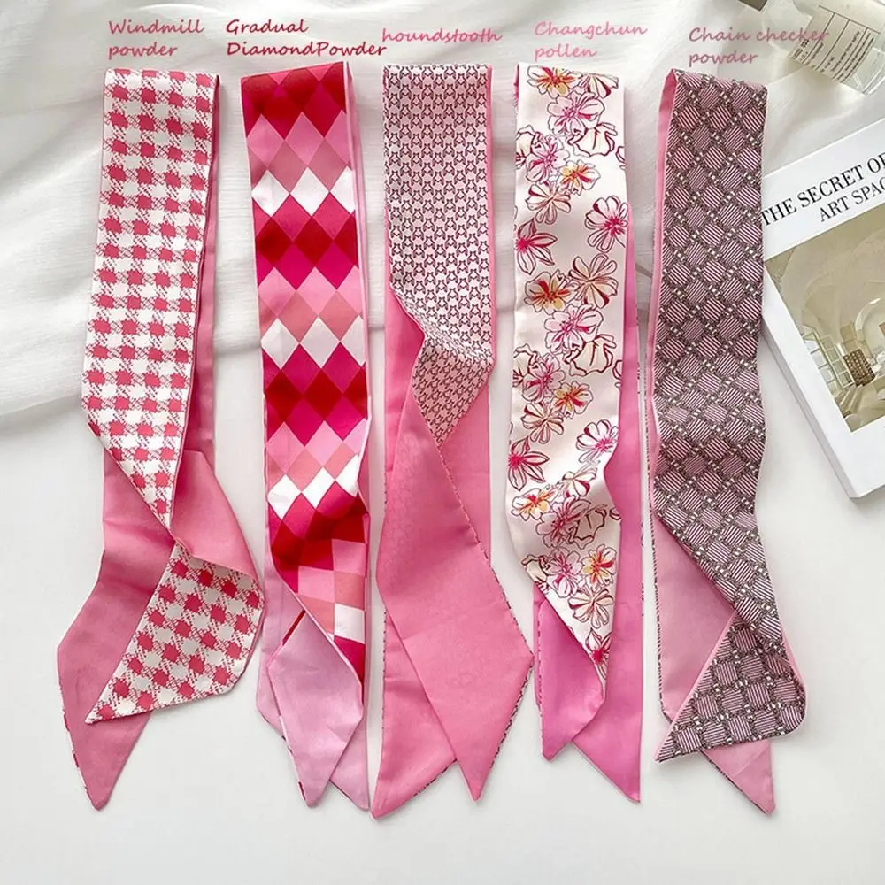 Sweet Pink Small Long Scarf Simple Fashion Print Flower Silk Scarf Ribbon Headband for Female Bag Decoration Accessories