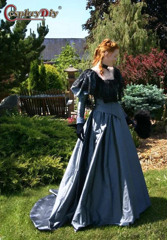 Cosplaydiy Sophronia Edwardian Gown Lace Dress Women Medieval Edwardian Outside Walking Dress Victorian Civil War Blue Dress